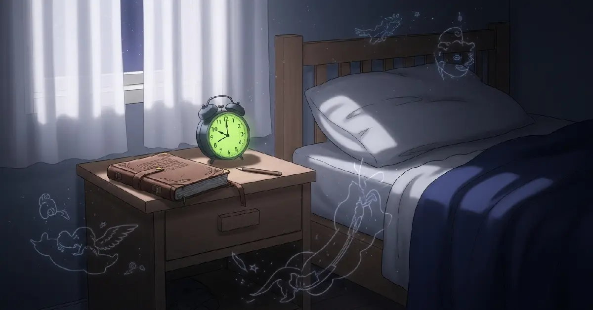 A bedside alarm clock and dream journal set up for a wake-back-to-bed attempt
