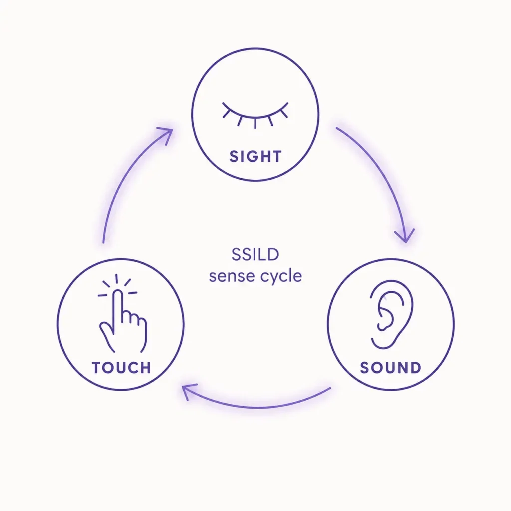 SSILD sense cycle diagram: cycling attention through sight, sound, and touch