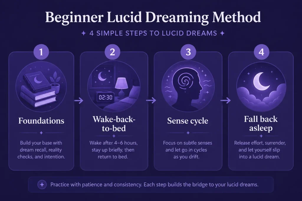 Beginner lucid dreaming method overview: foundations, wake-back-to-bed, sense cycle, fall back asleep
