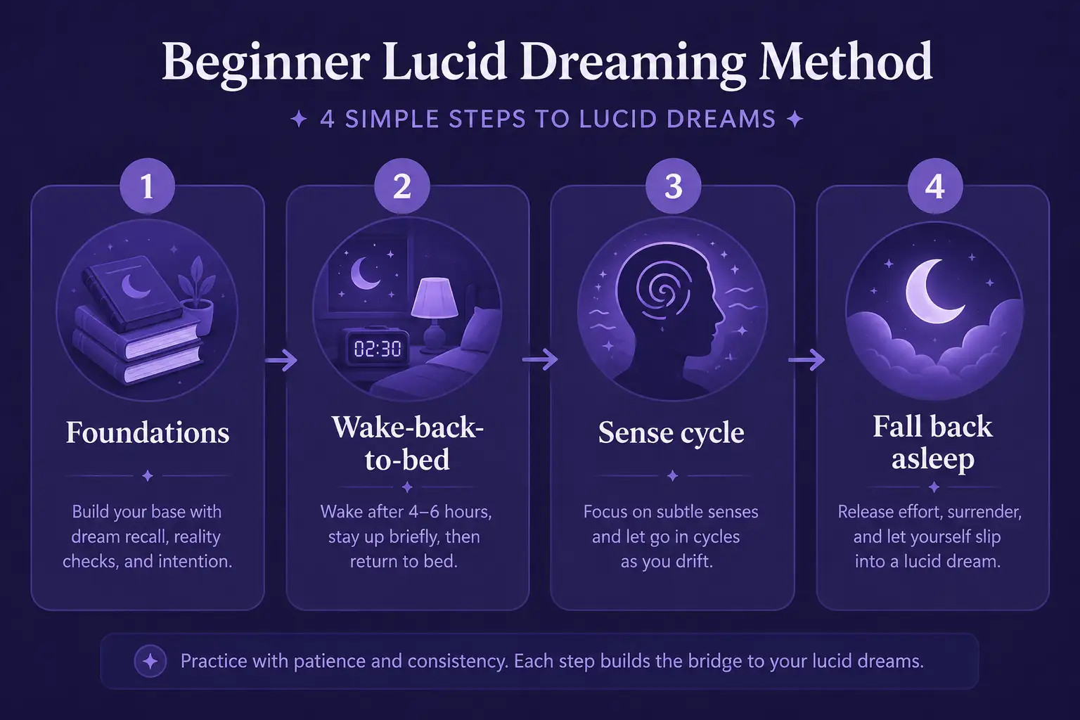 Beginner lucid dreaming method overview: foundations, wake-back-to-bed, sense cycle, fall back asleep