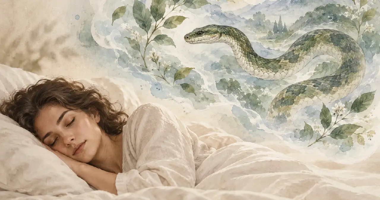 Watercolor illustration of a sleeping adult with a snake appearing in an imaginary dream scene.