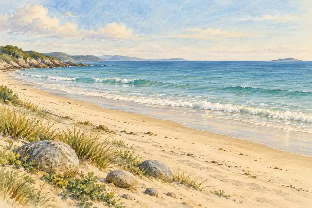 Quiet sandy beach with gentle ocean waves and rounded stones on the dry shore