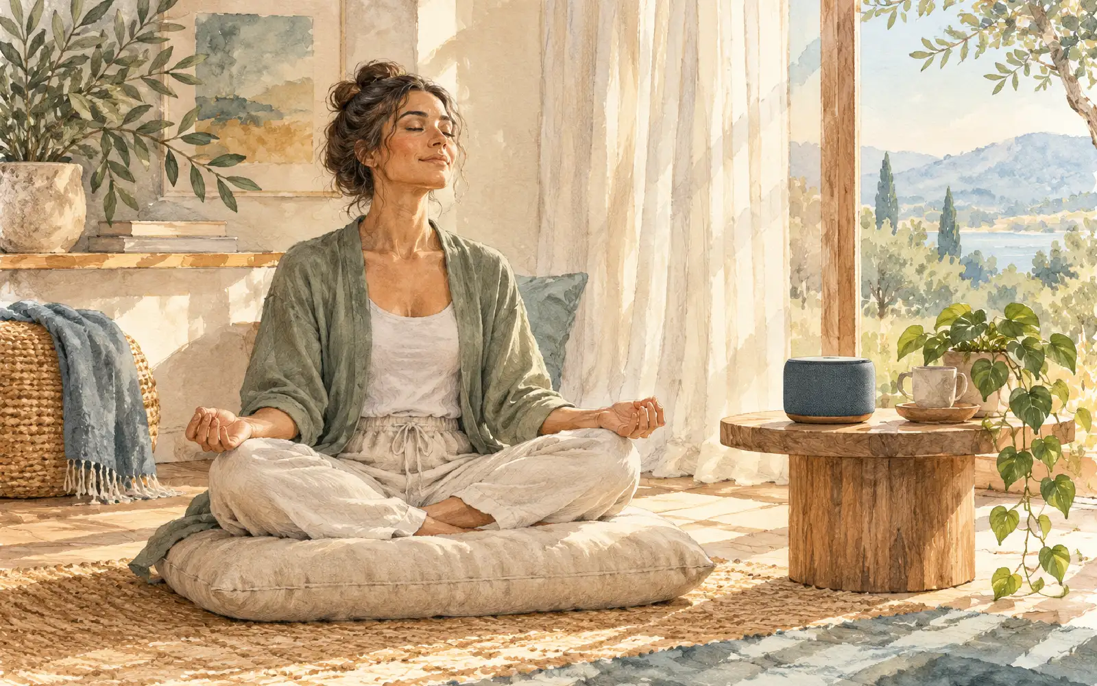 Watercolor illustration of an adult meditating beside a small speaker in a softly lit room.