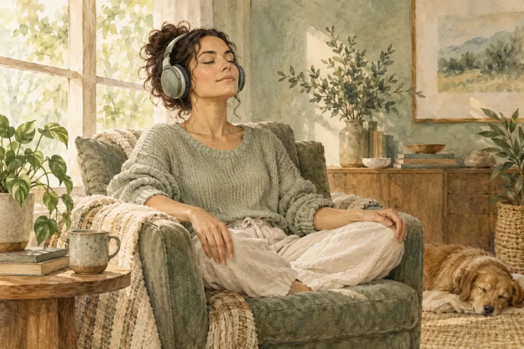 Watercolor illustration of an adult sitting comfortably while listening with headphones.