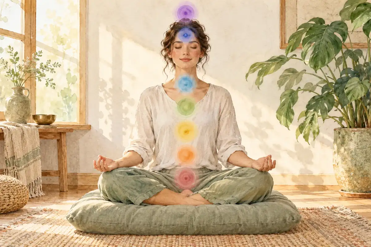Adult seated on a cushion with seven subtle colored circles representing chakra visualization