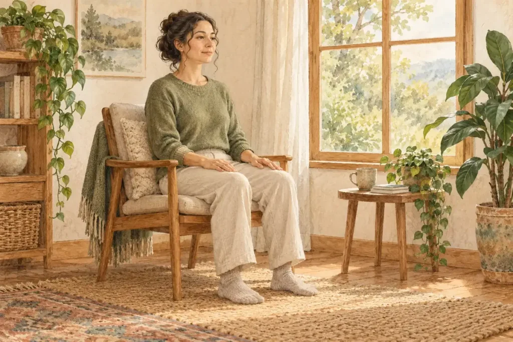 Adult sitting in a supportive chair with feet on the floor beside a window