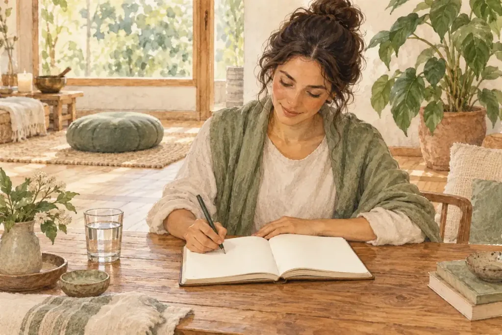 Adult writing in a journal after meditation at a table beside a glass of water