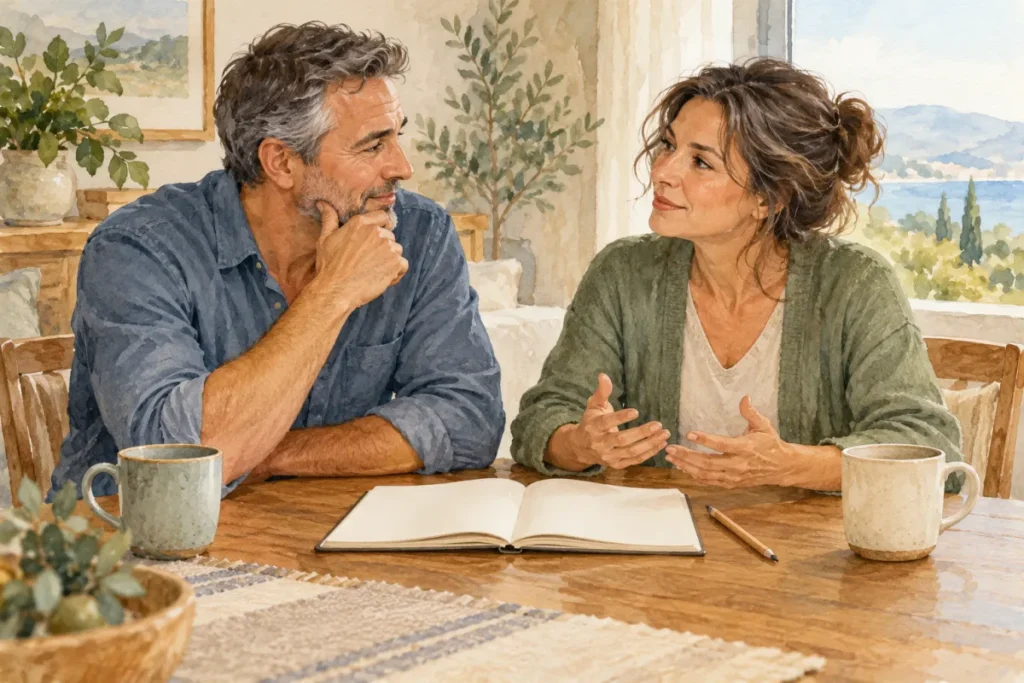 An adult couple discussing future plans at a wooden table with an open notebook between them.
