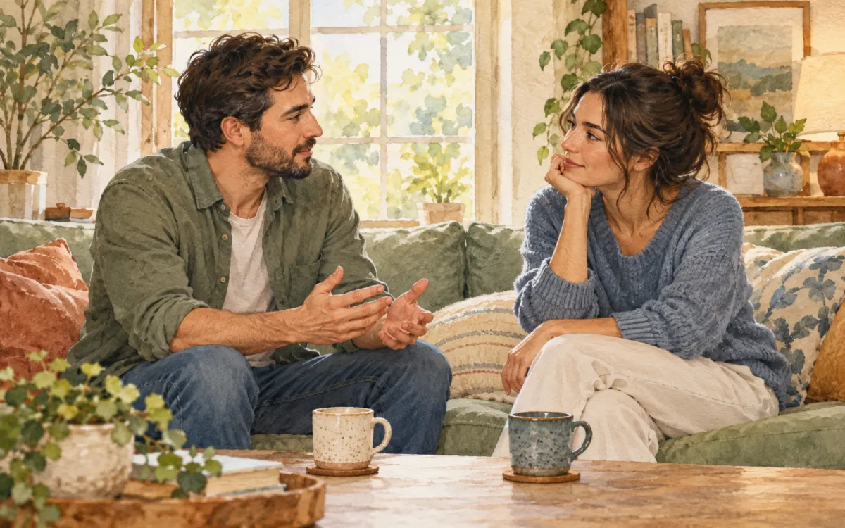 An adult couple sitting together on a sofa and listening to each other in a softly lit living room.