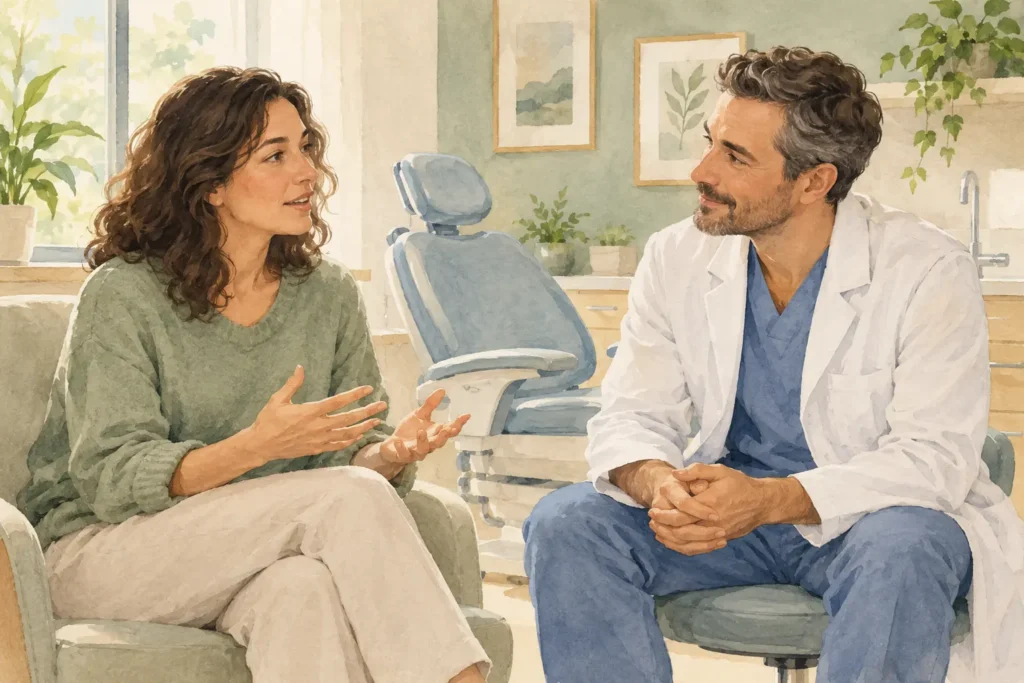 Adult patient speaking with a dentist during a calm consultation in a bright dental room.