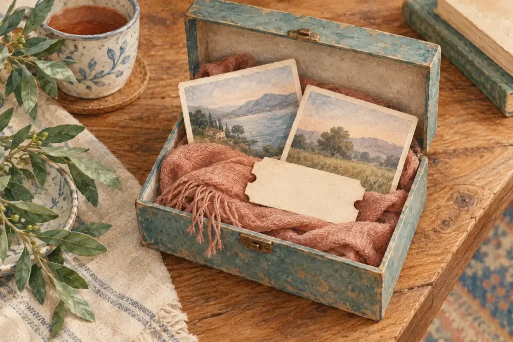 Open keepsake box with a folded scarf and unmarked photo cards on a wooden table