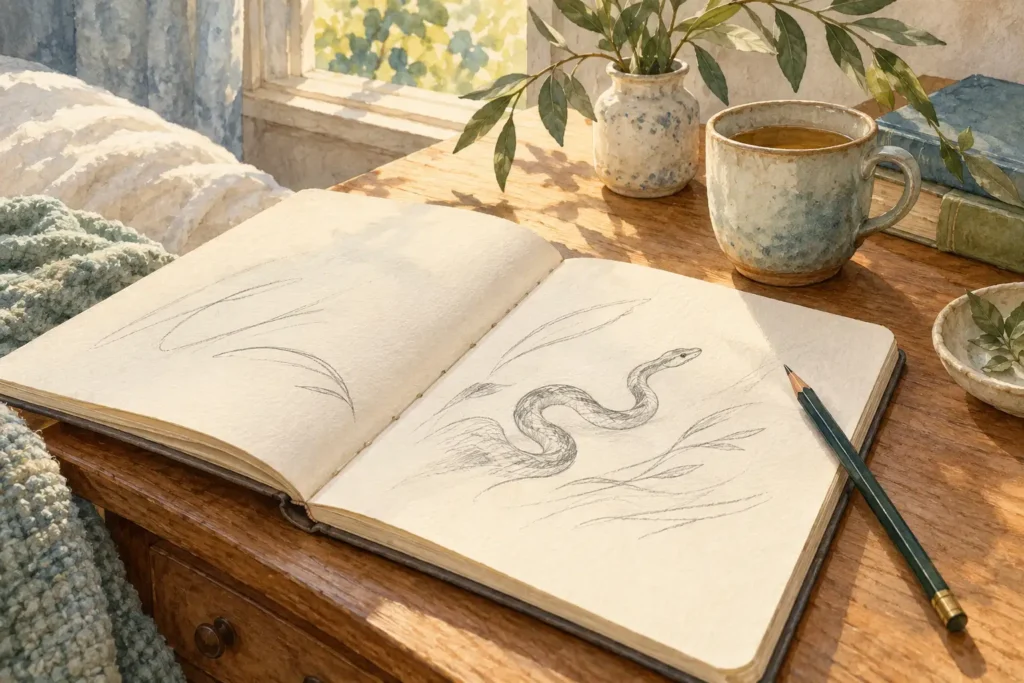 Open notebook with a pencil sketch of a snake beside a cup and a sunlit window.