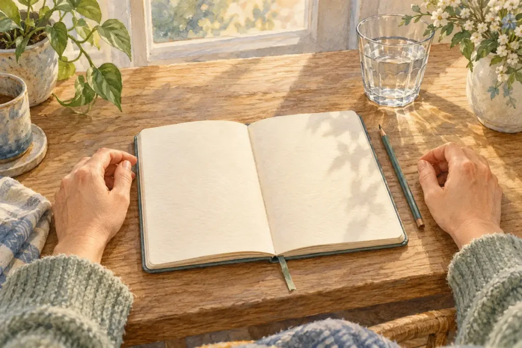 Hands beside a blank open notebook, pencil and glass of water in morning light