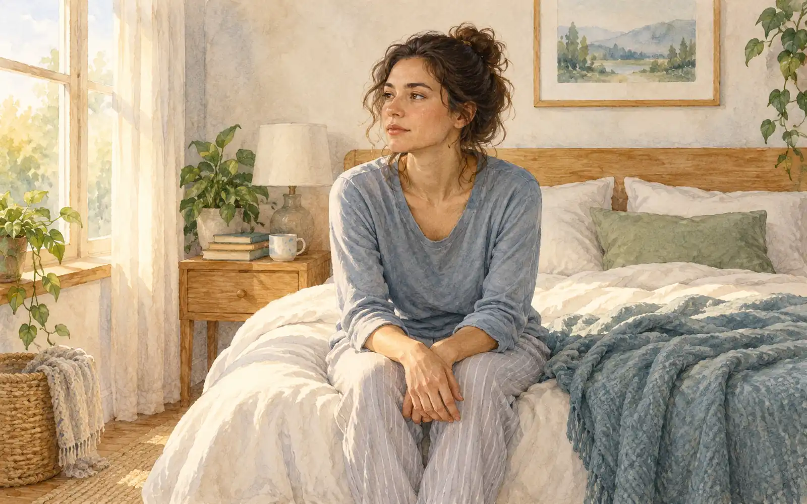 Adult sitting on the edge of a bed in a softly lit bedroom after waking