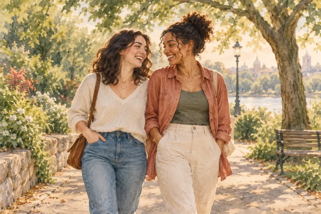 Two adult women walking side by side and laughing during a relaxed conversation in a leafy park.