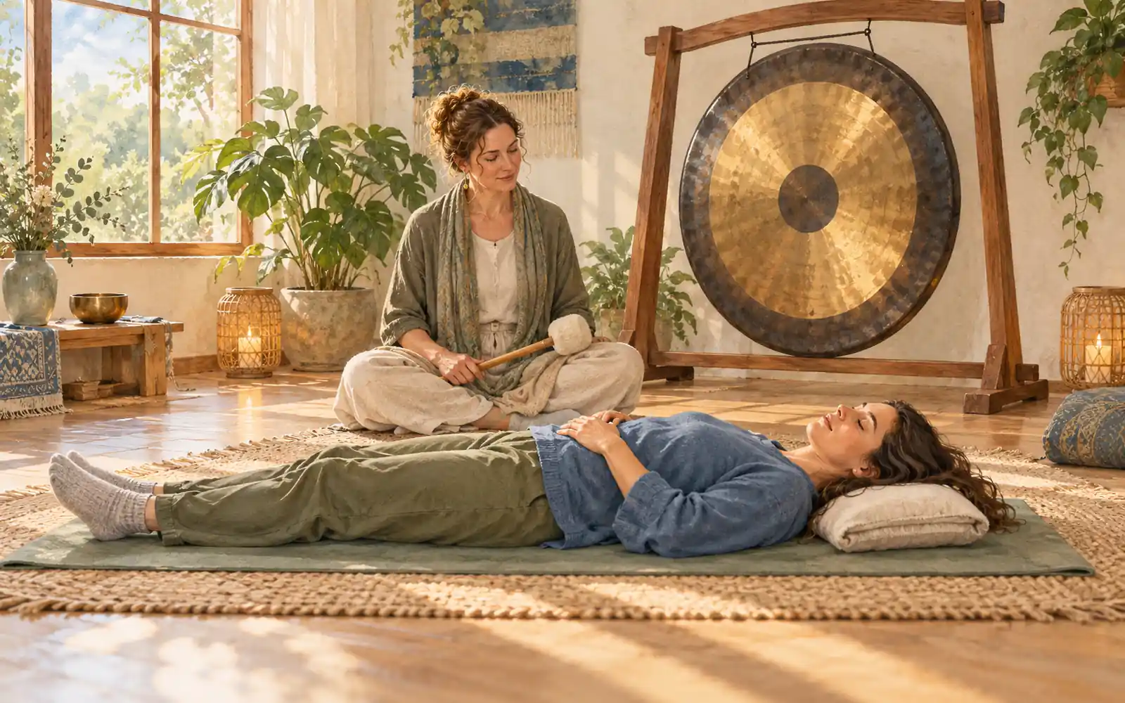 Adult resting on a mat in a quiet studio with a facilitator and a bronze gong at a distance