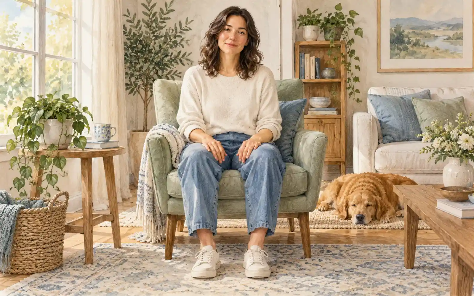 Adult sitting comfortably on a chair with feet on the floor in a softly lit living room
