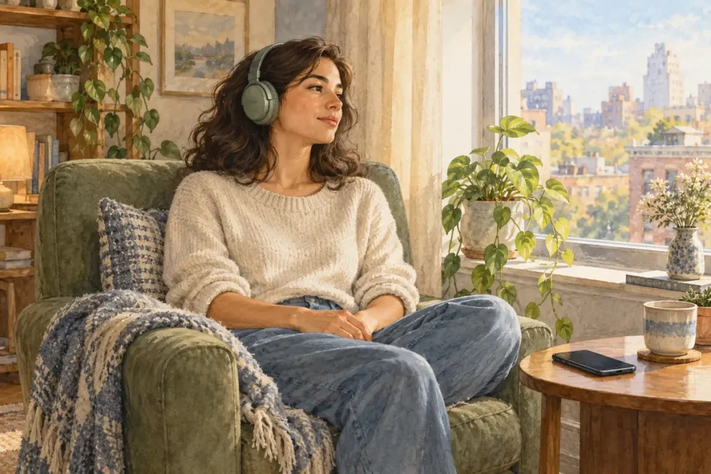 Adult wearing headphones while sitting beside a window with a phone on a side table