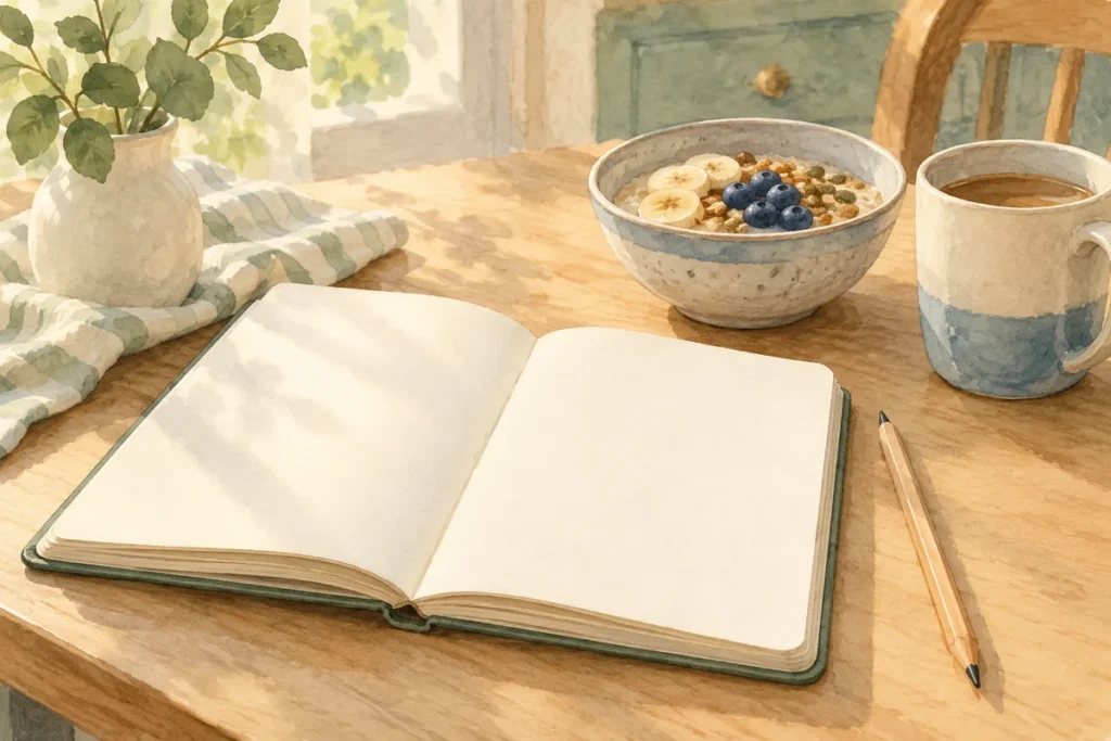 Blank open notebook and pencil beside a breakfast bowl and mug on a kitchen table