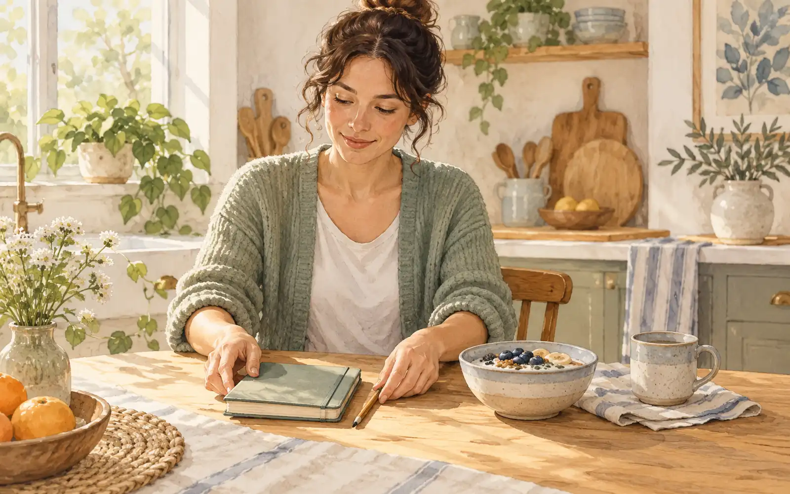 Adult placing a closed journal and pencil beside a breakfast bowl at a kitchen table
