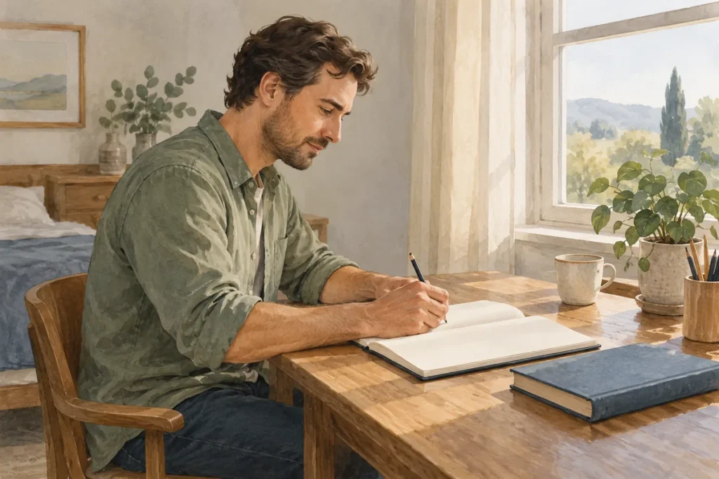 Adult reviewing a habit plan in a notebook at a desk beside a closed book