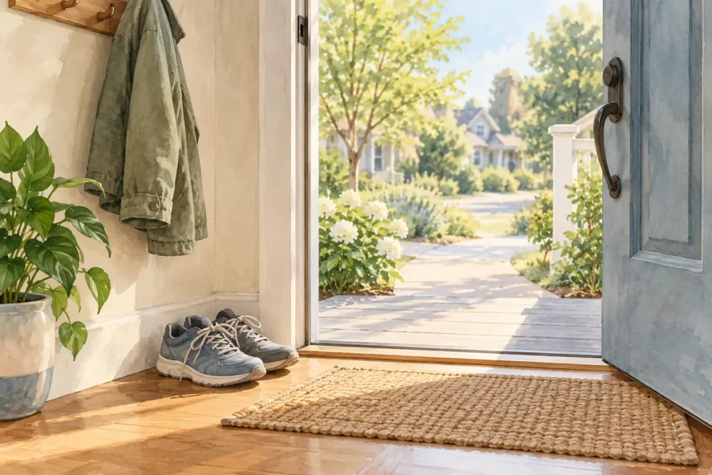 Walking shoes beside an open front door with a jacket hanging nearby