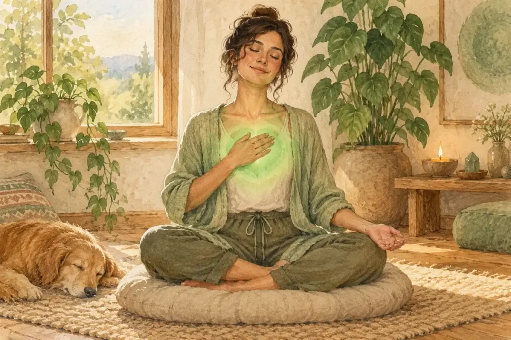 Adult seated with a hand lightly on the chest and a soft green visualization circle