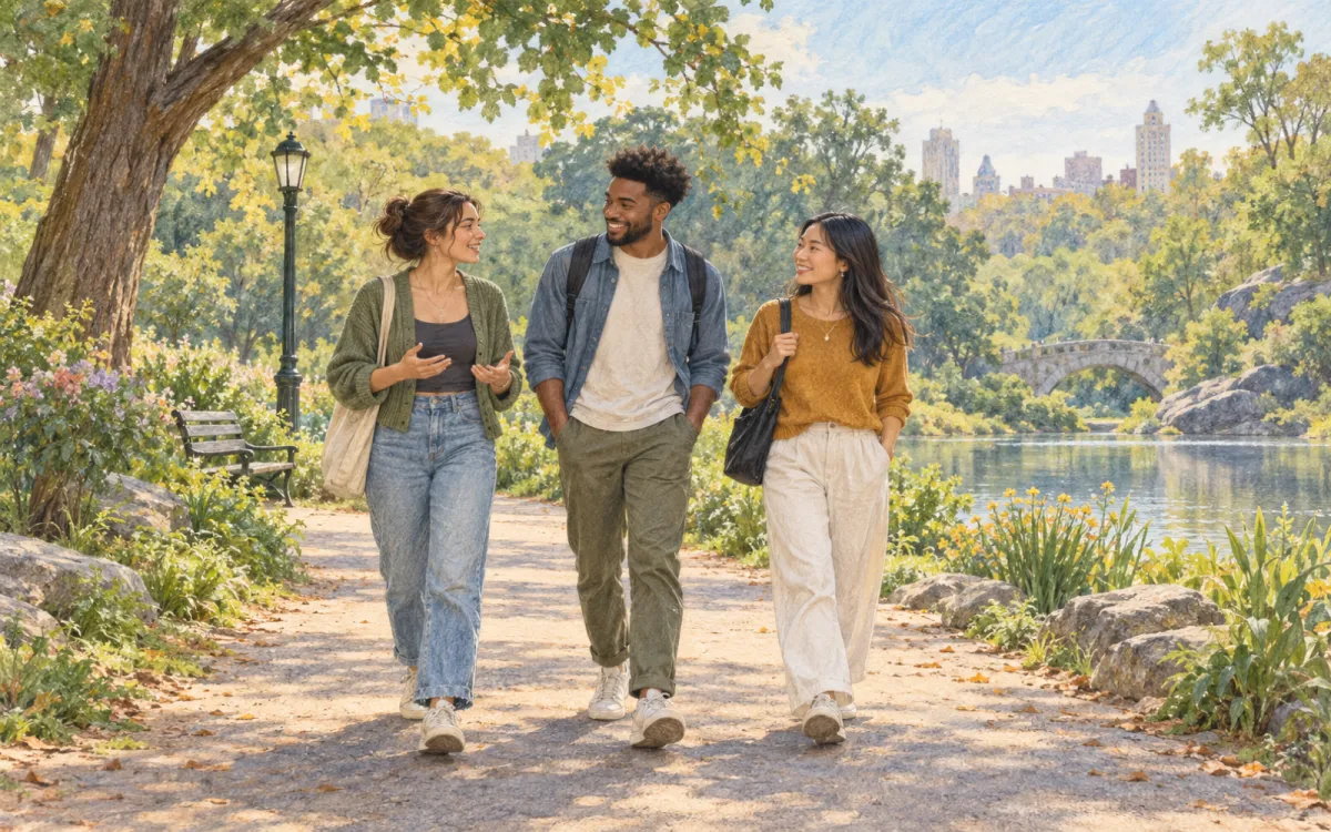 Three young adults walking and talking together on a leafy park path.