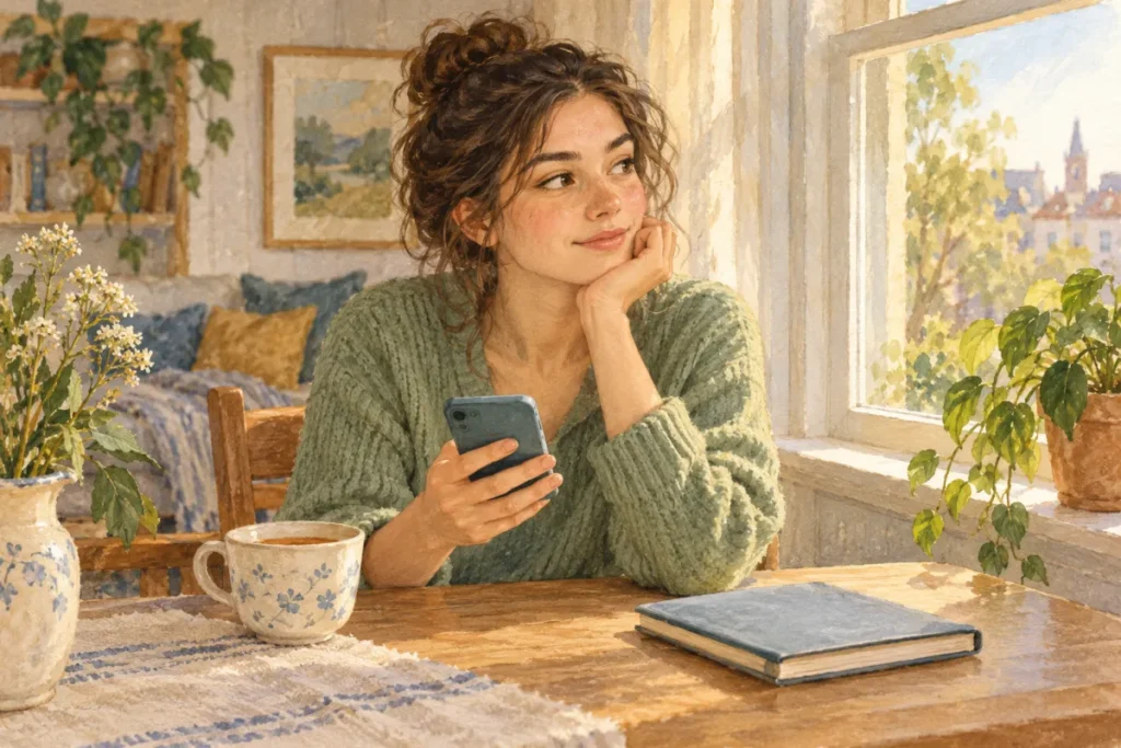 A young adult holding a phone by a window while considering an invitation.