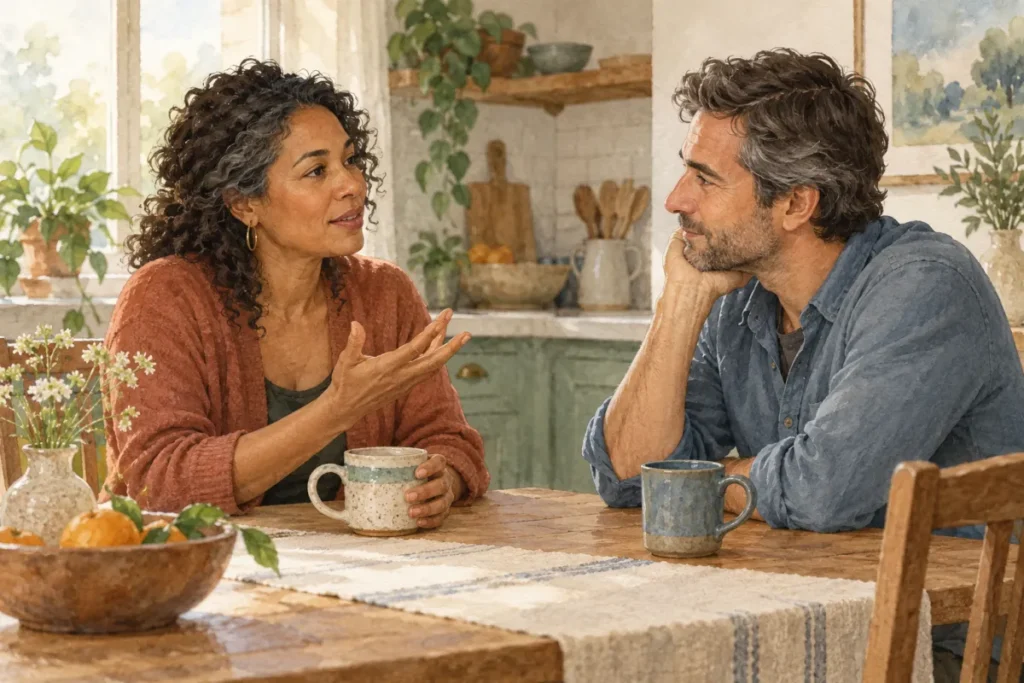 One partner speaking with an open hand while the other listens attentively across a kitchen table.
