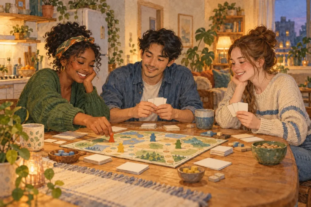 Three young adult friends playing a simple board game around a kitchen table.