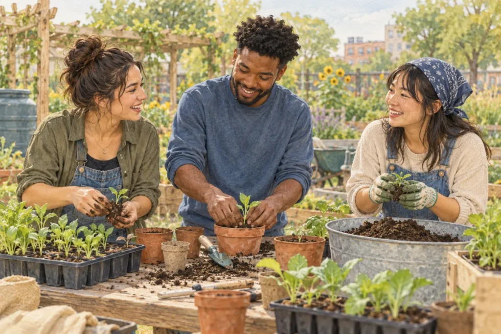 Three young adults planting seedlings together at a community garden table.