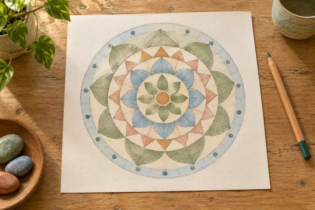 Simple circular geometric flower pattern on paper with a pencil on a wooden table
