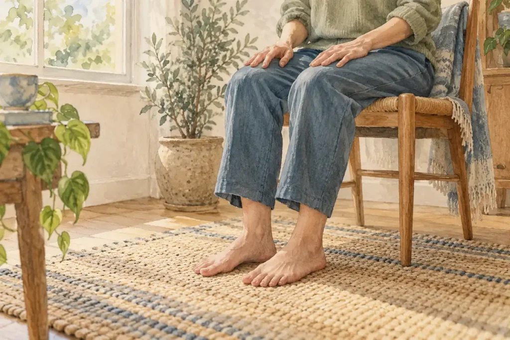 Relaxed hands on thighs and feet resting on a woven rug beside a chair