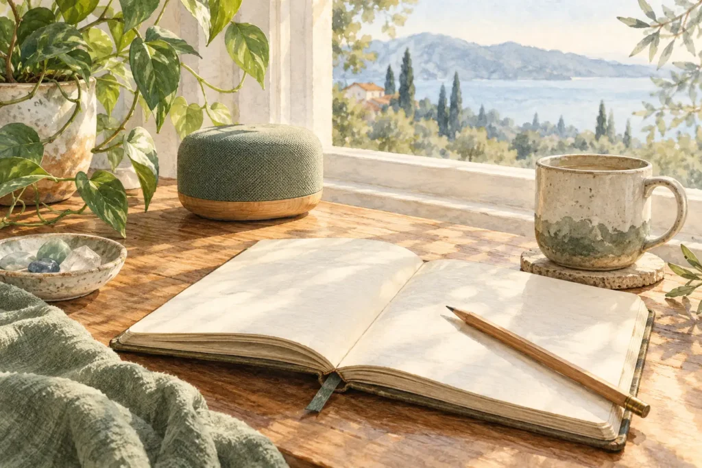 Open blank notebook, pencil, speaker and ceramic cup beside a morning window.