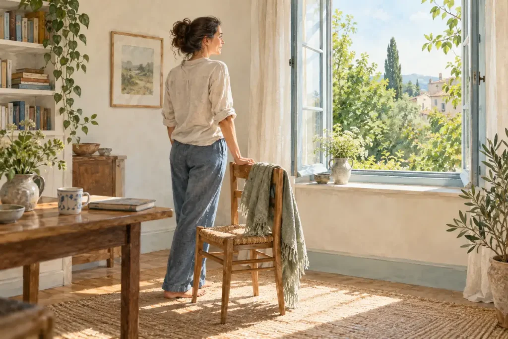 Adult standing beside a chair and looking through a window toward greenery