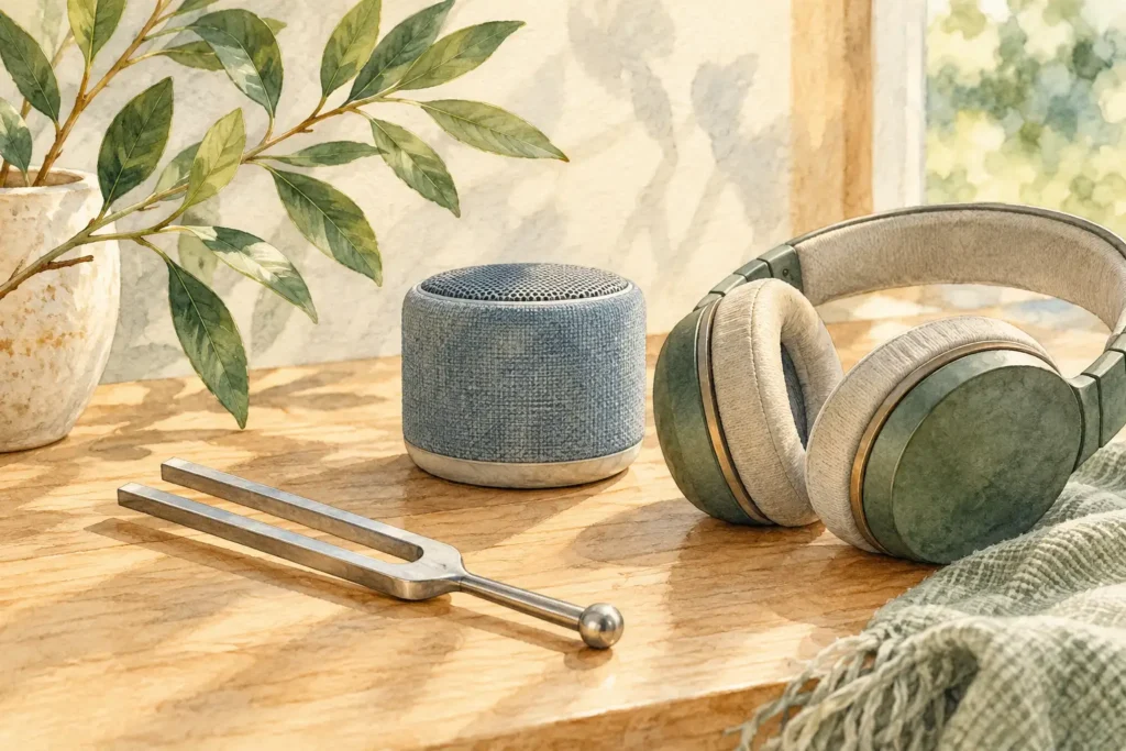 Tuning fork, speaker and over-ear headphones arranged on a light wooden table.