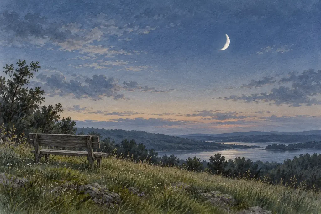Crescent moon in a blue evening sky above a grassy landscape and an empty bench