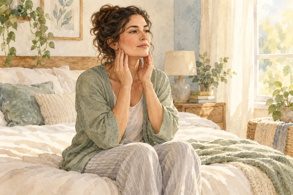 Adult sitting on the edge of a bed with fingertips resting gently against the jaw in morning light.