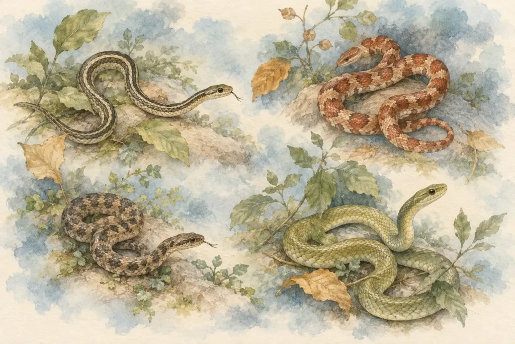 Watercolor illustration of four snakes among leaves in a softly colored dream scene.