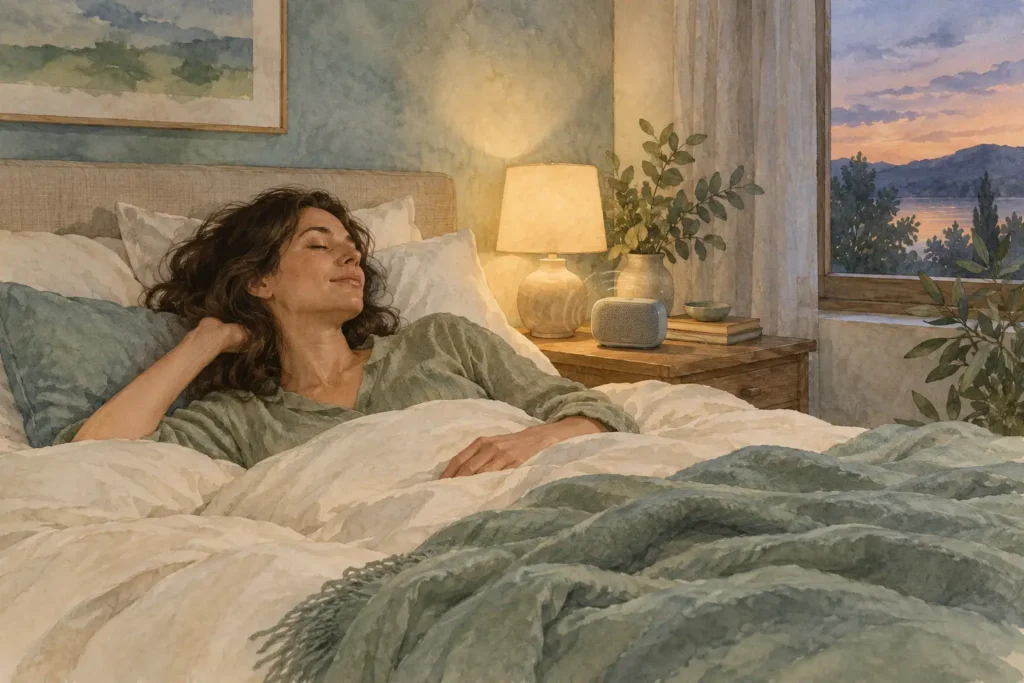 Adult resting in a calm bedroom with a small speaker on the bedside table.