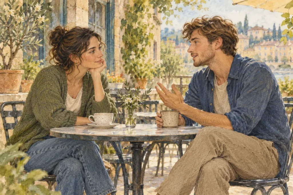 Two young adults having a relaxed conversation at an outdoor cafe table.