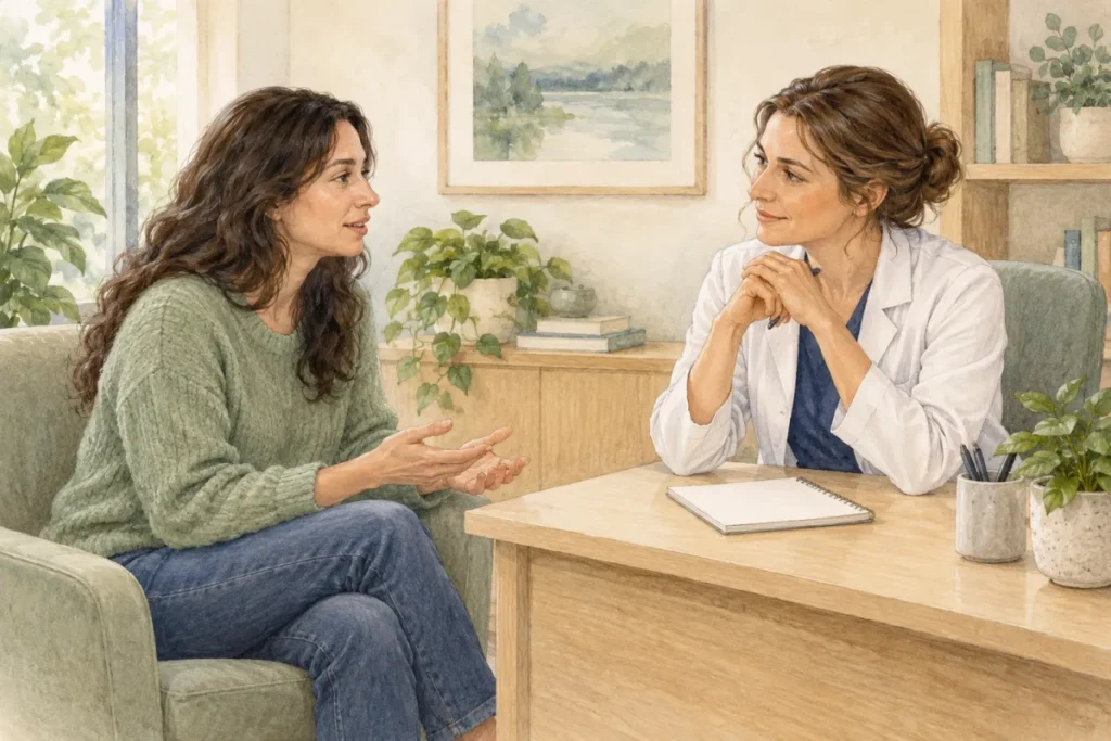 An adult patient discussing sleep concerns with a clinician across a desk.