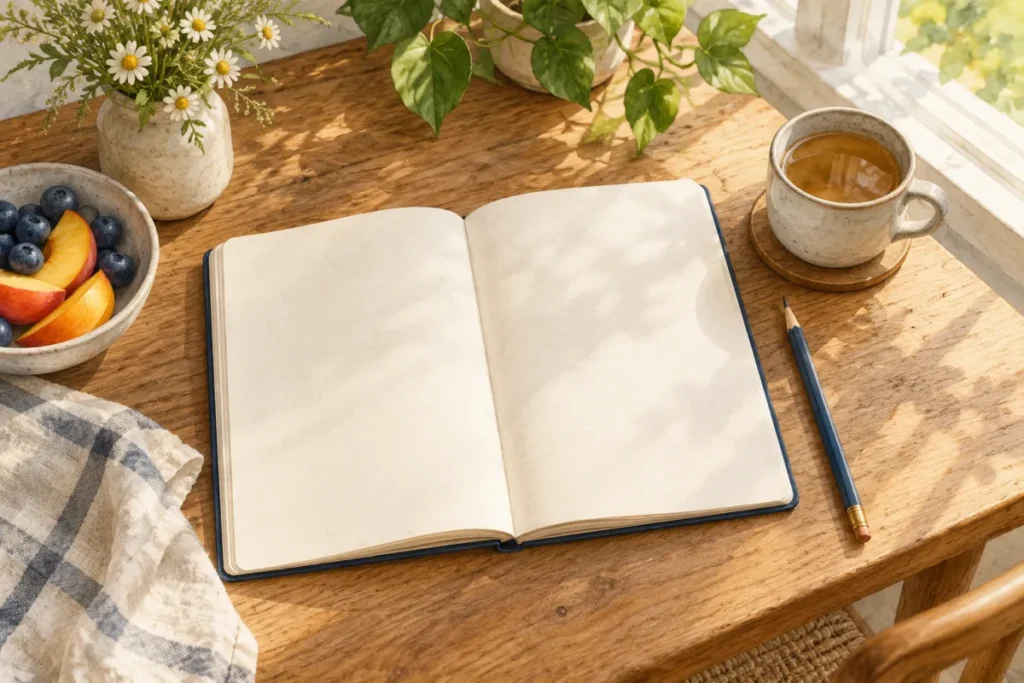 A blank open notebook and pencil on a wooden table beside a sunlit window.