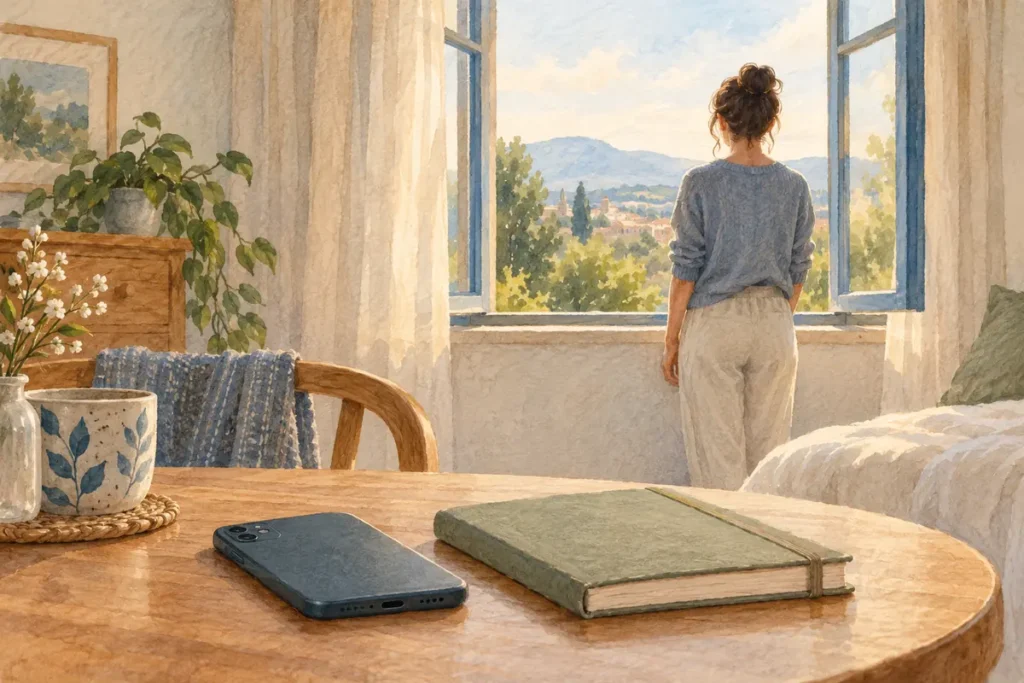 Phone face down beside a closed notebook while an adult looks out of a window
