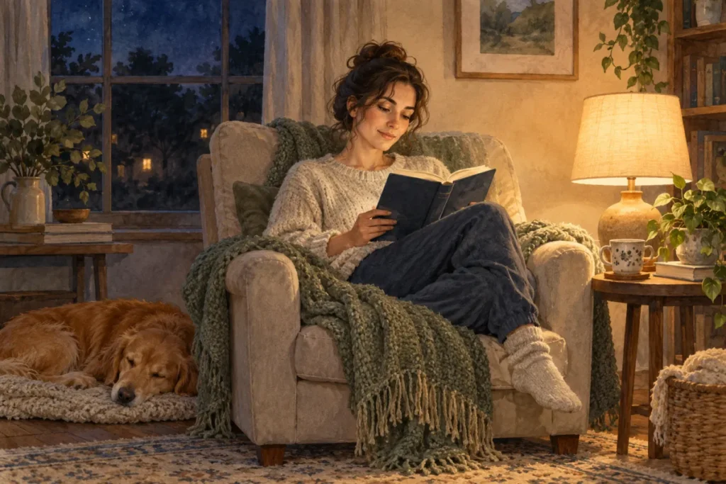An adult woman reading quietly in an armchair under a dim warm lamp at night.