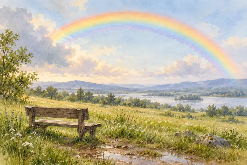 Soft rainbow above a meadow with clouds and an empty wooden bench