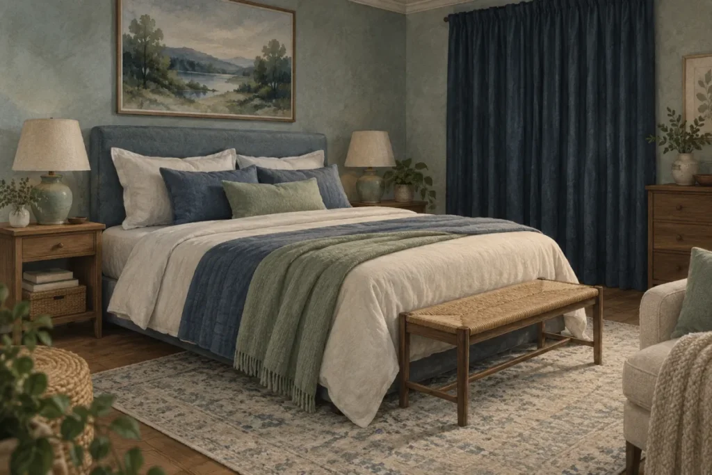An empty bedroom with a centered bed, closed curtains, and soft muted blue furnishings.