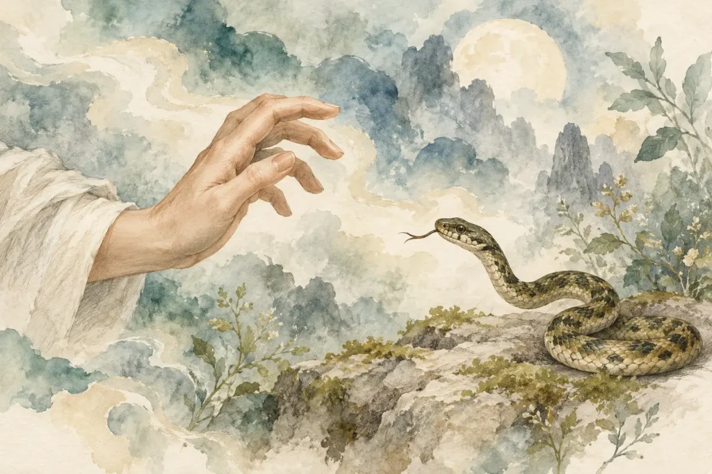 Watercolor illustration of a hand pulling away from a small snake in a dreamlike scene.