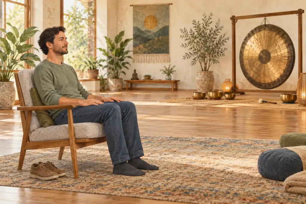 Adult sitting comfortably in a supportive chair with a gong positioned across the room